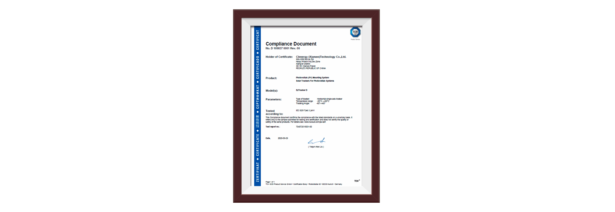 EzTracker D by PV-ezRack Horizontal Single-axis Tracker IEC62817 TUV Certificate